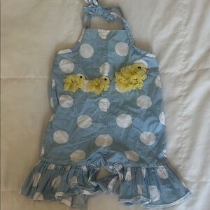 Mud Pie Blue Polka Dot Romper with Yellow Chick Details
